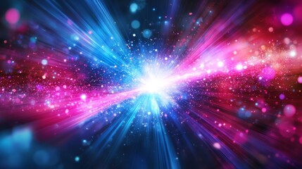 Vibrant cosmic light burst, pink blue color streaks, starry background, magical glowing rays, space explosion