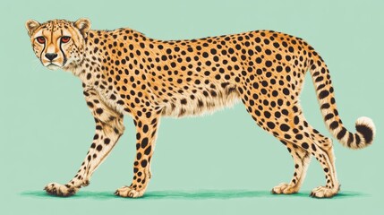 A majestic cheetah with its coat glistening under sunlight, on a mint green background