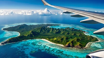 travel image, Scenery from airplane 's window seeing wing of airplane , white clouds , blue sky and Maldives islands, A plane is flying over a tropical island