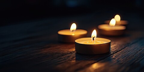Illuminated tea light candles glowing softly on a rustic wooden surface in a dimly lit setting with warm yellow and brown tones.