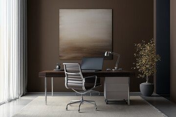 Sleek modern office space with warm brown walls, a chocolate mousse-toned desk, and creamy modern art.
