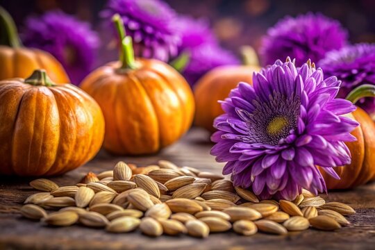 Close-up of Pumpkin Seeds & Purple Spurflower Blossoms - Autumn Harvest Macro Photography