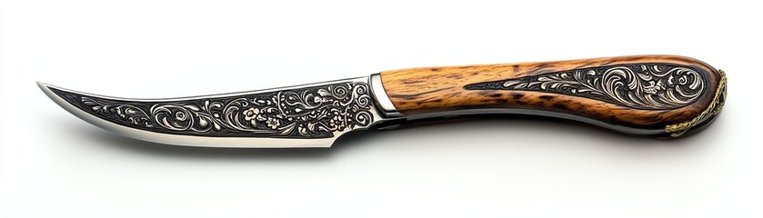 Decorative knife with a wooden handle and intricate metalwork, white isolate background.