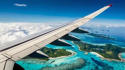 Obraz premium A plane is flying over a tropical island, travel image An airplane wing is flying over a tropical island, 