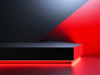 Bold black and red angular podium pedestal with sharp directional light and geometric background