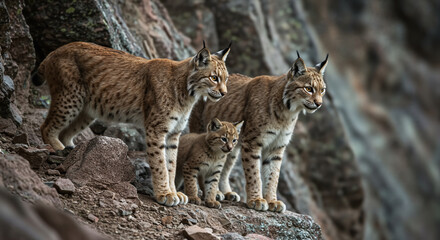 Fototapeta premium Wildcat lynx family with cub taking refuge high in the rocky mountain cliffs