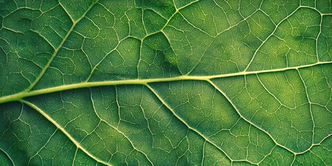 Fototapeta premium Detailed close-up of a green leaf texture showcasing intricate vein patterns and varying shades of green, with a smooth background.