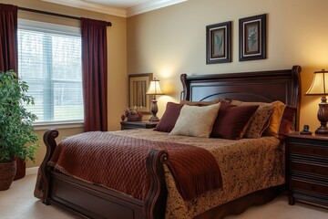 Fototapeta premium Relaxing bedroom with chocolate-brown bedding, medium brown furniture, and creamy textured walls.