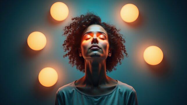  A person surrounded by glowing orbs of light, each representing a coping mechanism like breathing, exercise, and support, illustrating a multi-faceted approach to anxiety management.