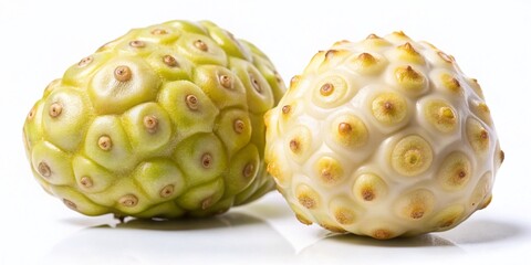 Close-up of Small Round Noni Fruit, White-Yellow, Isolated on White Background