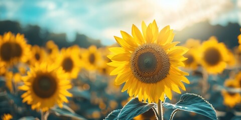 Obraz premium Vibrant closeup of a sunflower in foreground with lush yellow petals against a sunny field of sunflowers creating a warm summer ambiance