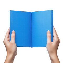 Open Book in Hands Blue Cover on transparent background.