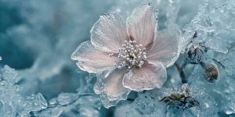 Delicate pale pink flower encased in shimmering ice with crystalline texture on a soft blue background creating a serene winter scene.