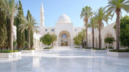 Mosque courtyard, sunny day, palm trees, Middle East, travel destination