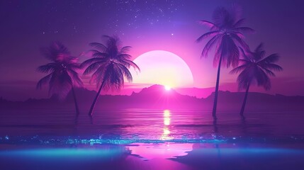 Naklejka premium A retro-futuristic beach scene at night with palm trees, a glowing sunset, and a starry sky.