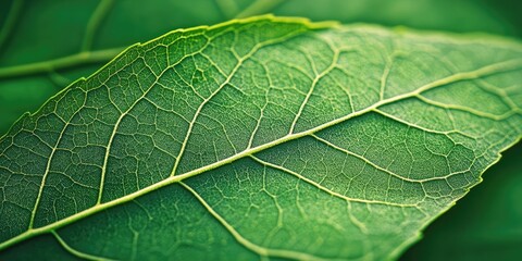 Fototapeta premium Closeup of vibrant green leaf texture with intricate vein patterns softly illuminated, creating a nature-inspired background with a fresh aesthetic.