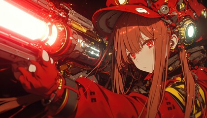 Naklejka premium Red Haired Anime Girl With Futuristic Weapon