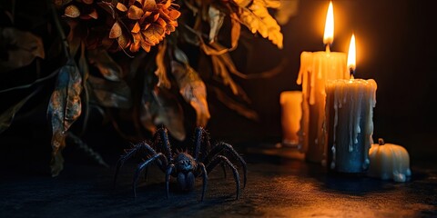 Halloween decoration featuring a realistic spider in the foreground, lit candles with dripped wax, and autumn leaves against a black background.