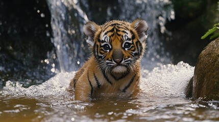 Sumatran tiger cub emerges from a cascading waterfall gazing intently at the camera
