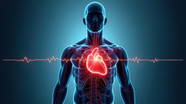 A figure frozen in place, heart rate visibly increasing with glowing pulse lines around the chest, showing heightened anxiety and panic in an intense 3D scene.