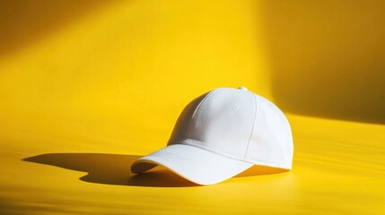 Fototapeta premium A plain white baseball cap, showcased on a sunny yellow background for a cheerful and bright look