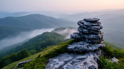 Misty mountain peak sunrise, stacked rocks, valley view, nature landscape, travel photography
