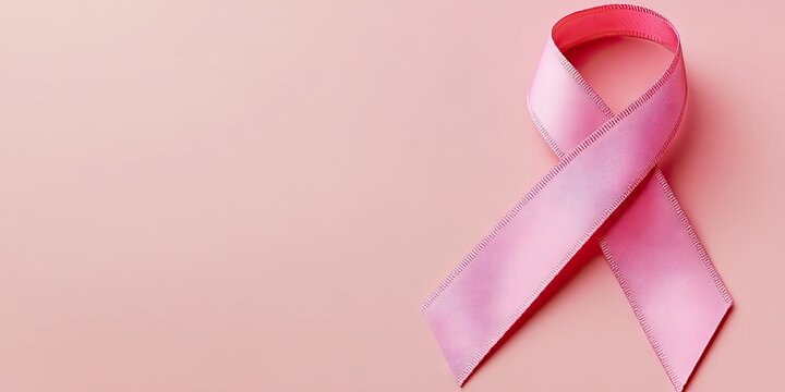 Pink ribbon representing breast cancer awareness positioned diagonally on the left side of a soft pink background with ample copy space on the right