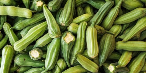 Fototapeta premium Fresh green okra piled together, showcasing bright green hues and smooth textures, ideal for garnishing and seasonal culinary presentations.