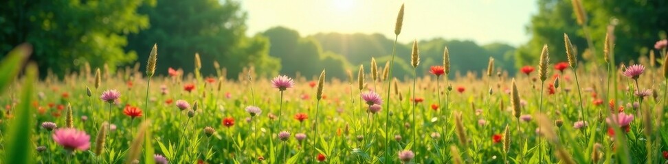 Obraz premium Tall grasses swaying in breeze amidst Wood Cranesbills, nature, meadows, landscape