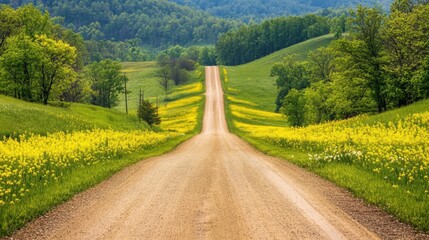Naklejka premium A scenic dirt road surrounded by blooming yellow wildflowers, leading into a lush green forest