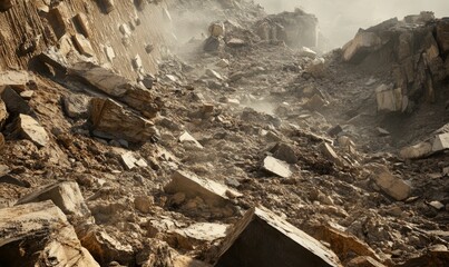 Obraz premium Dusty rockfall; fragmented stone, earth debris.