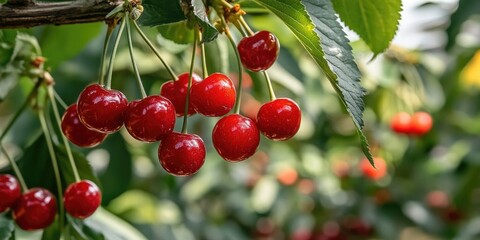Obraz premium Vibrant red sour cherries hanging in clusters on a green leafy tree branch illuminated by soft sunlight showcasing lush foliage in the background
