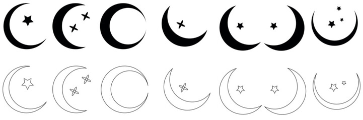 Crescent moon icon collection features varied crescent designs with stars, decorative patterns in black. Perfect moon vector set for celestial themes, spiritual designs
