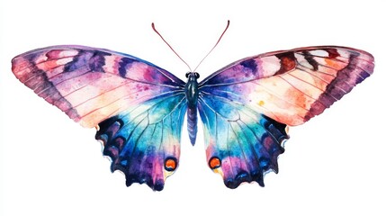 Swallowtail Papillion Machaon butterfly in vibrant watercolor and colored pencil illustration on white background