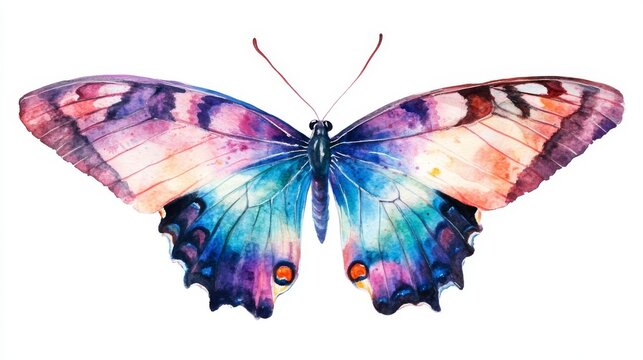 Swallowtail Papillion Machaon butterfly in vibrant watercolor and colored pencil illustration on white background