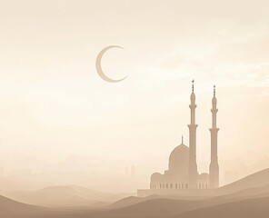 Ramadan background with ample copy space, featuring two minarets and the crescent moon on one side of it, in a light beige color.