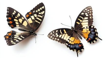 Naklejka premium Two colorful butterflies isolated on a clean white background, showcasing delicate wings and intricate pattern