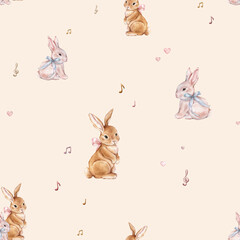 Watercolor seamless pattern with cute white rose bunny with bow and musical notes. Repeat pattern pastel color with red rabbit. Tender watercolor hand drawn illustration for holiday or kids design.