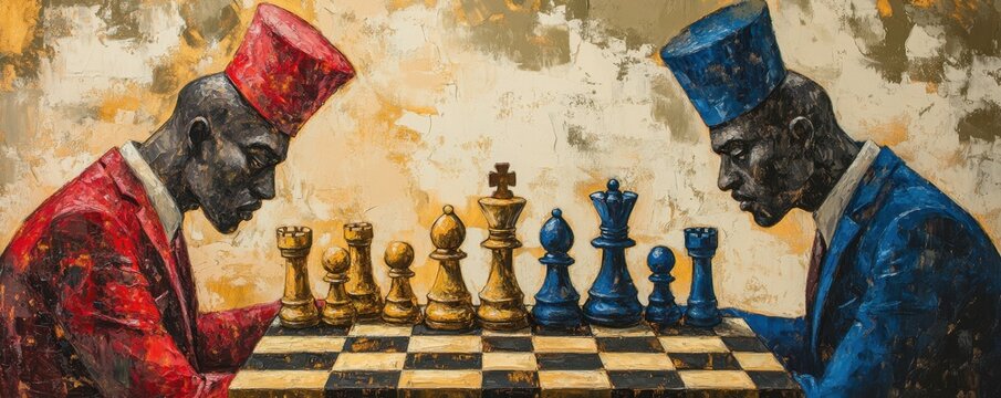 A classic painting of a chess match between two skilled players, their minds engaged in a battle of strategy, representing the intellectual challenge and mental stimulation of chess.
