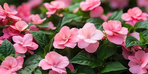 Vibrant pink impatiens flowers in full bloom against rich green foliage creating a lush flowerbed scene for garden and landscaping themes