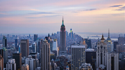 Fototapeta premium Aerial Skyline View of New York City at Twilight With Iconic Skyscrapers