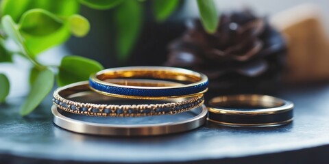 Elegant gold and blue bracelets stacked on a dark surface with greenery in the background showcasing ample copy space for personalization