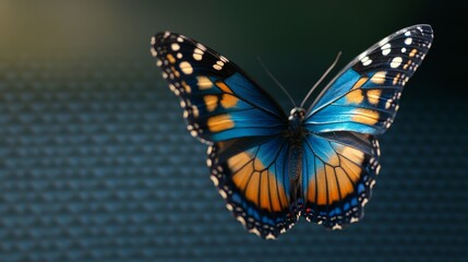 Obraz premium Stunning blue and orange butterfly in flight with detailed wings isolated on transparent background