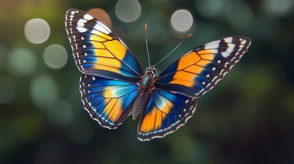 Naklejka premium Stunning blue and orange butterfly in flight with detailed wings isolated on transparent background