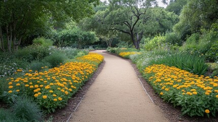 Obraz premium A tranquil walking path through a botanical garden, bordered by rows of golden yellow zinnias