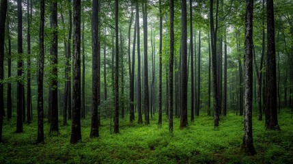 Fototapeta premium Lush Green Forest with Tall Trees and Mysterious Fog Enhancing the Tranquil Beauty of Nature in a Serene Woodland Landscape