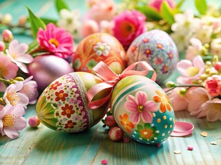 Fototapeta premium Colorful Easter Eggs Decorated with Spring Flowers and Ribbons - Left Copy Space