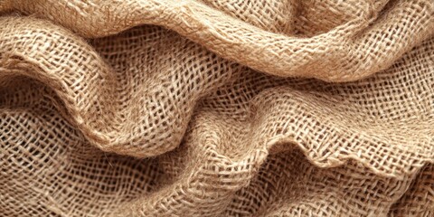 Textured natural burlap fabric with a warm tan tone, featuring soft folds and ample copy space, viewed from a top perspective.