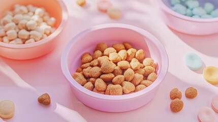 Pet Food in Pink Bowls: A Delightful Scene of Heart-Shaped Kibble