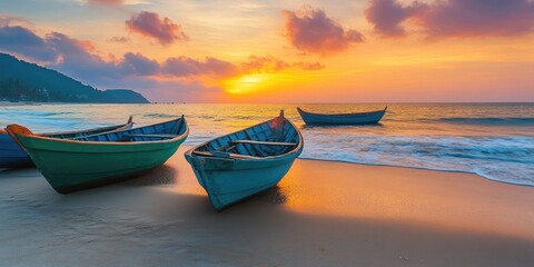 Naklejka premium Tropical sandy beach with traditional fishing boats in shades of blue and green at sunrise with vibrant orange and pink sky over calm sea